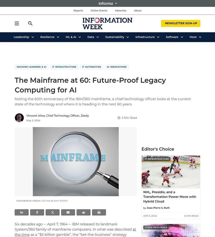 Zetaly's mention in Information Week's article "The Mainframe at 60: Future-Proof Legacy Computing for AI"